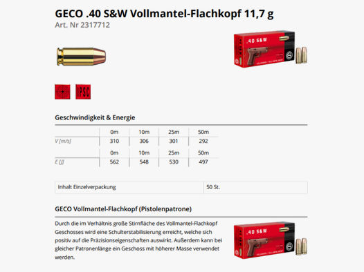 GECO Pistolenmunition .40S&W VMF 180grs/11,7g 50 Stk  180grs/11,7g