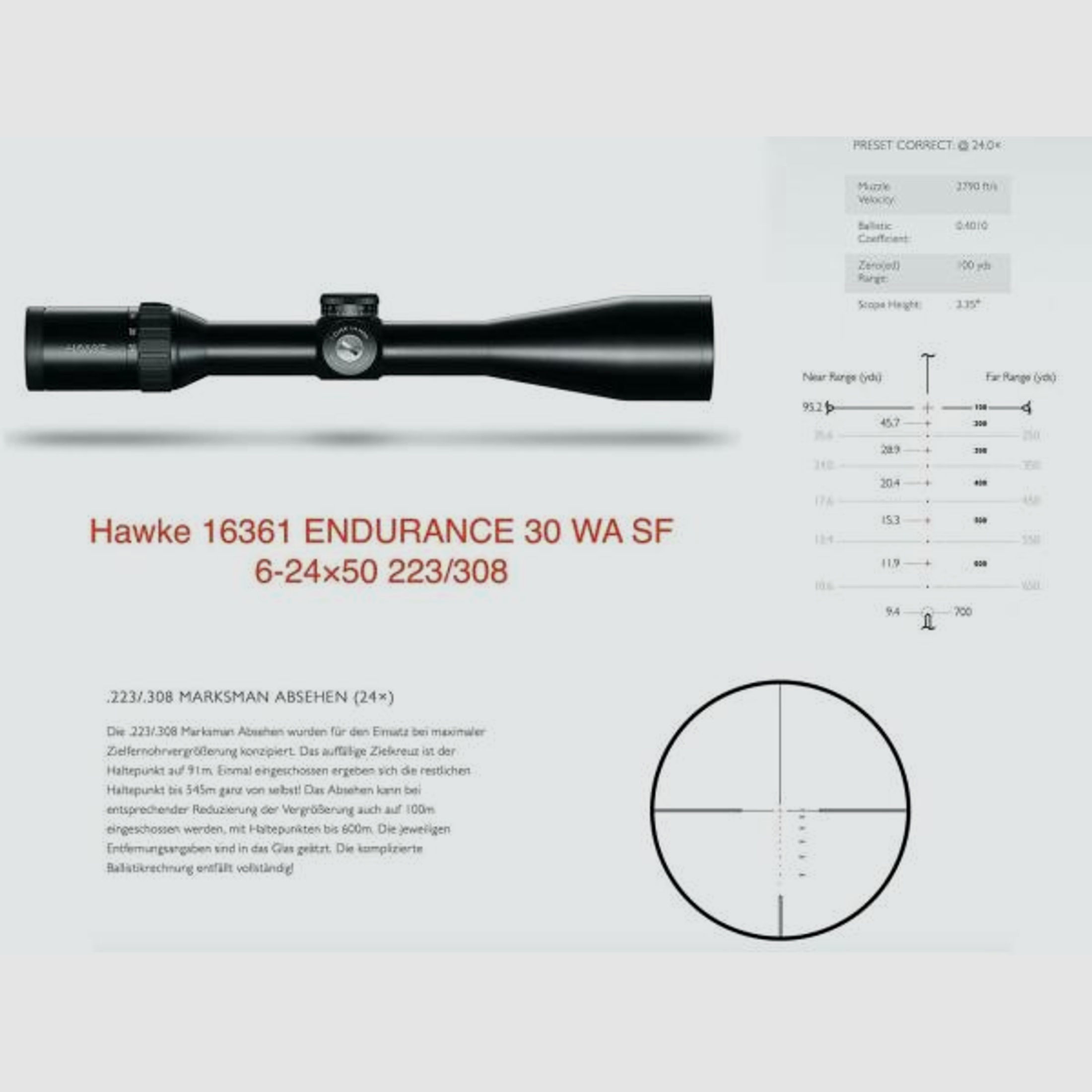 HAWKE Optics Zielfernrohr mit Leuchtabsehen 6-24x50SF Endurance (30mm) Abs. 223