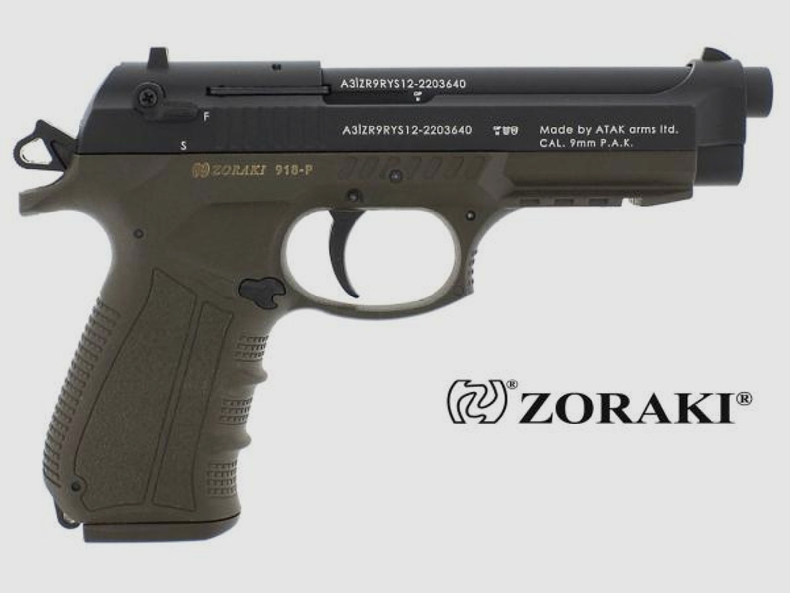 ZORAKI Gaspistole (SRS) 918 'BERETTA'-Style Kal. 9mm P.A. OD-Green