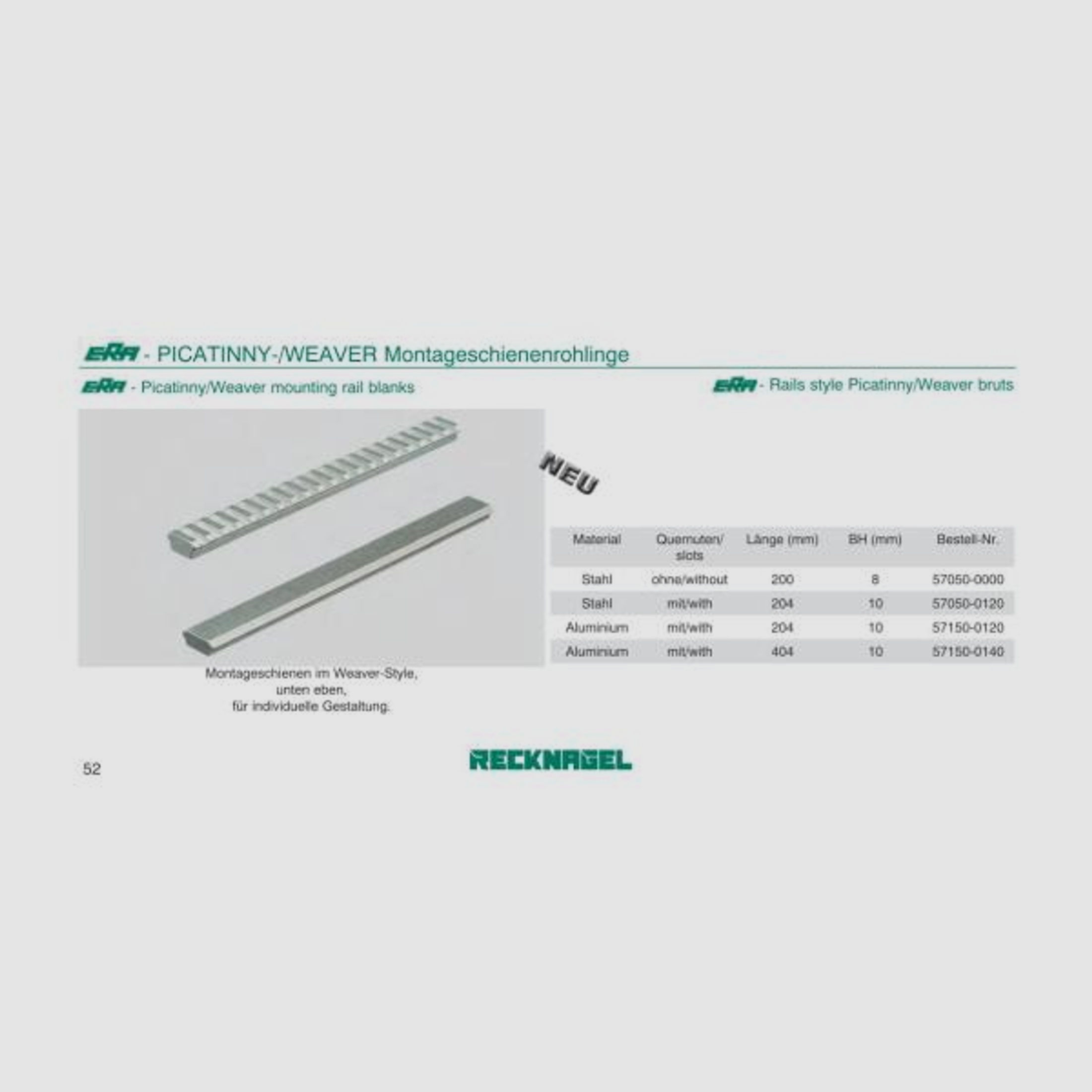 RECKNAGEL Basis/Schiene f. Montagen Picatinny-Schiene 200mm Stahl -roh, nicht beschichtet