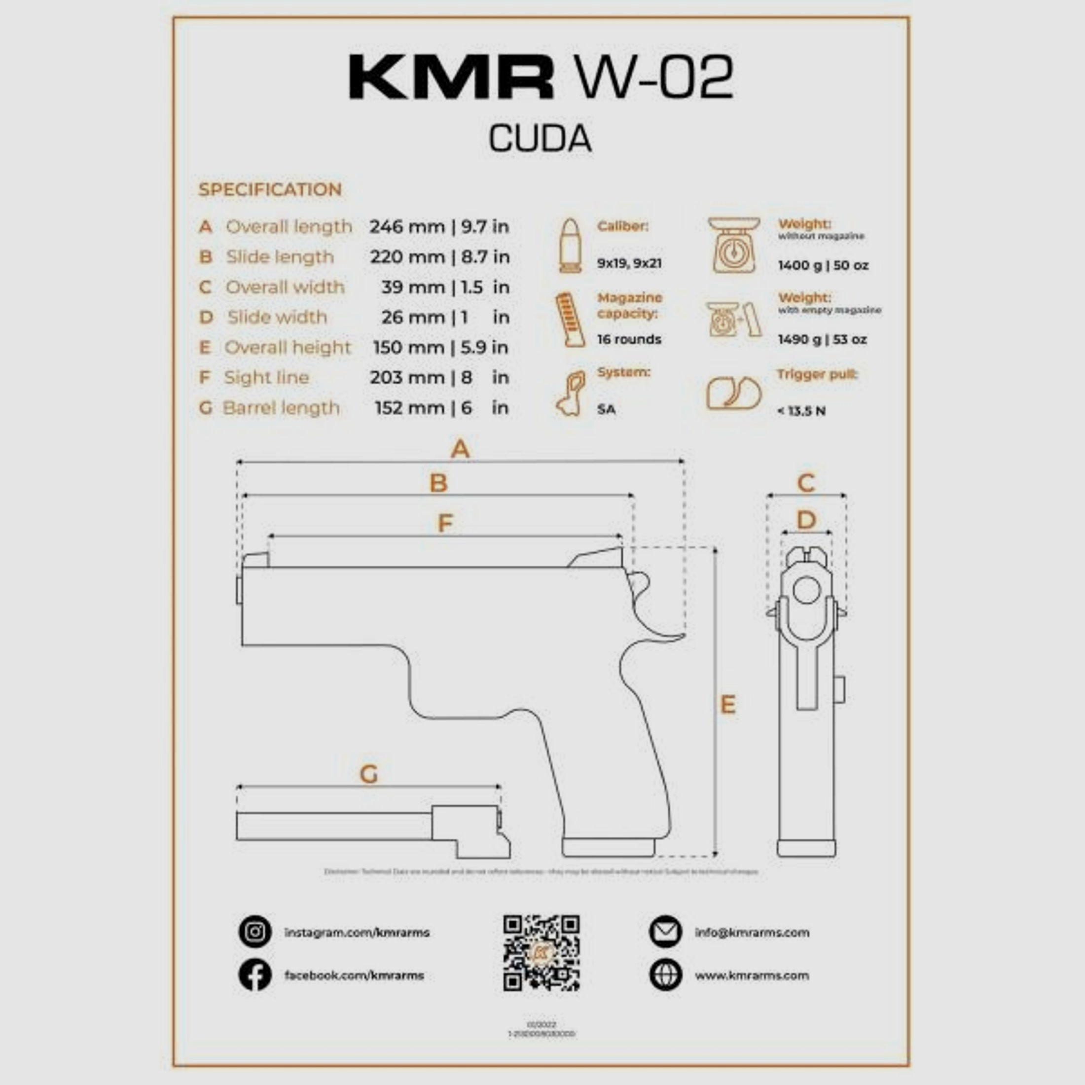 KMR Precision Arms Pistole Mod. W-02 CUDA OR 6'' 9mmLuger