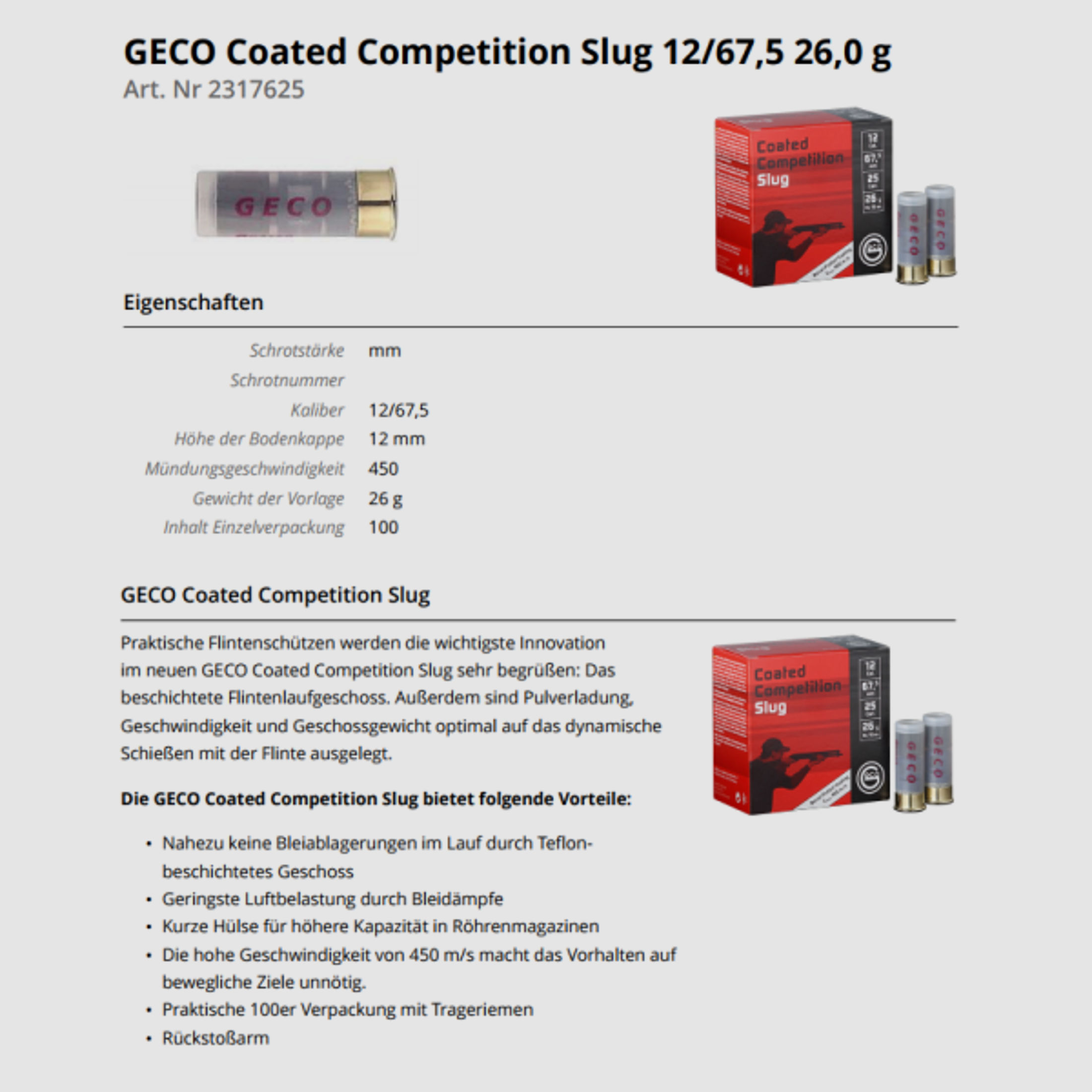 GECO Flintenlaufgeschosse 12/67,5 CompetSlug COATED 26g 100 Stk BLACK    ab 0,88/Stk
