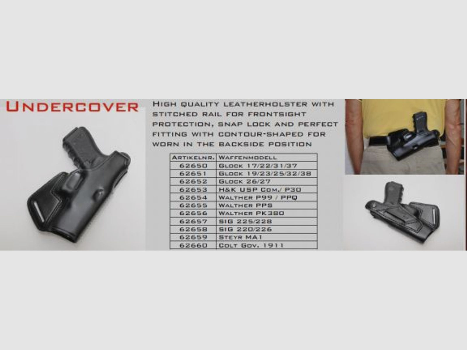 SICKINGER Holster (Leder) f. Glock 43  -UnderCover schwarz
