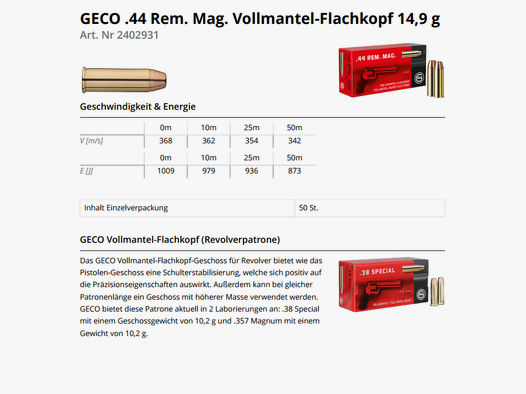 GECO Revolvermunition .44RemMag VM 50 Stk 230grs/14,9g