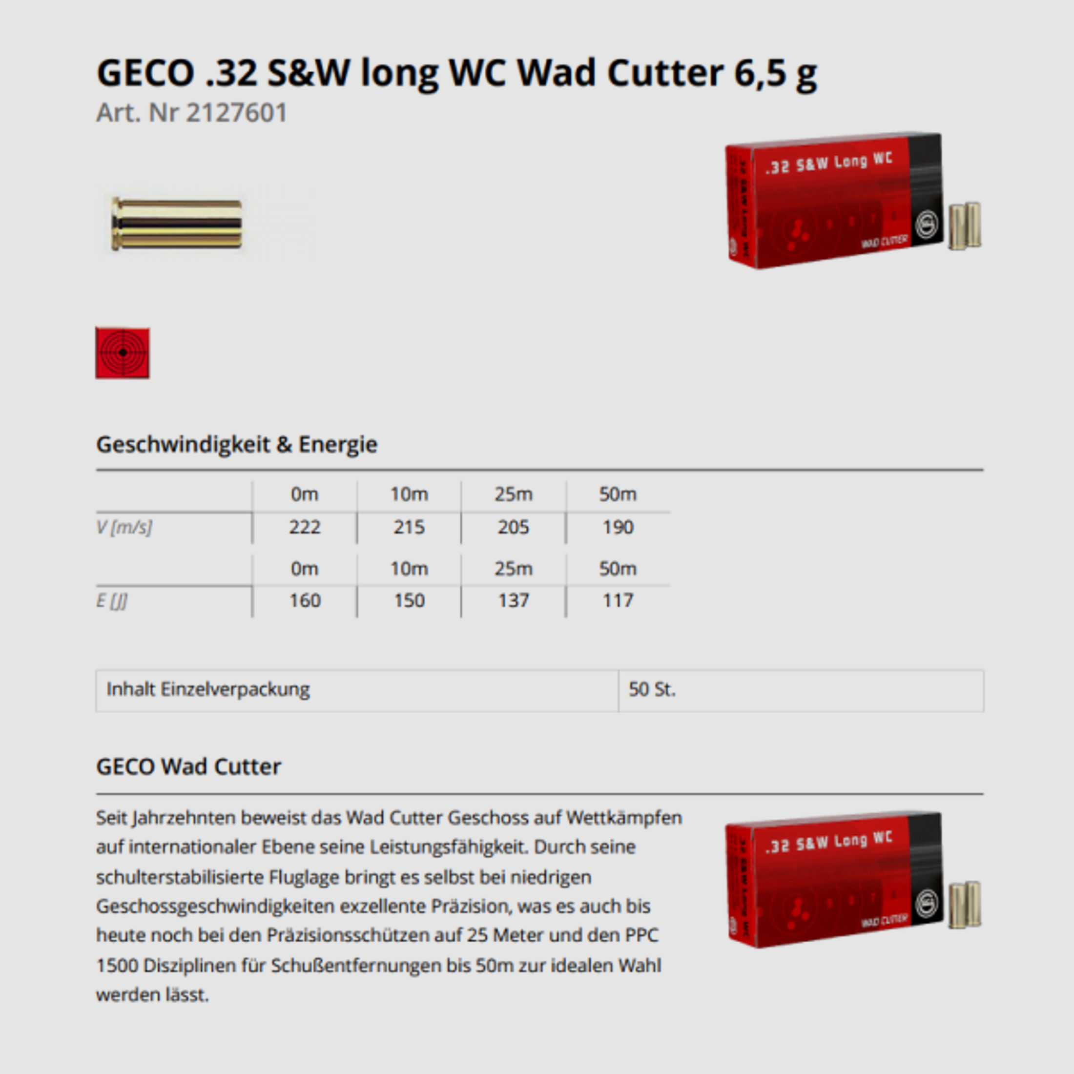 GECO Pistolenmunition .32S&Wlong WC 50 Stk  100grs/6,5g