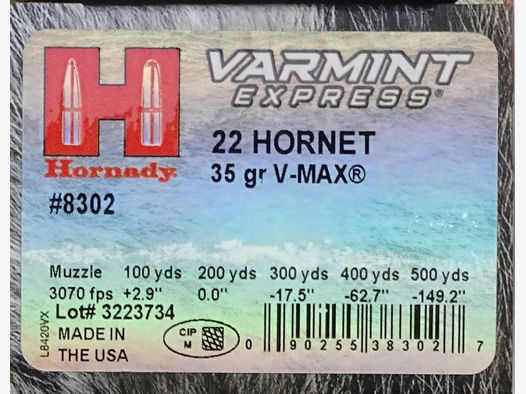Hornady .22Hornet Varmint Express V-MAX 35grs - 25 Schuss