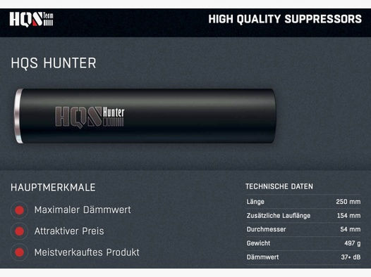 HQS Schalldämpfer HUNTER Kaliber max 9.3 / .357 Mag. inklusive Adapter Over Barrel