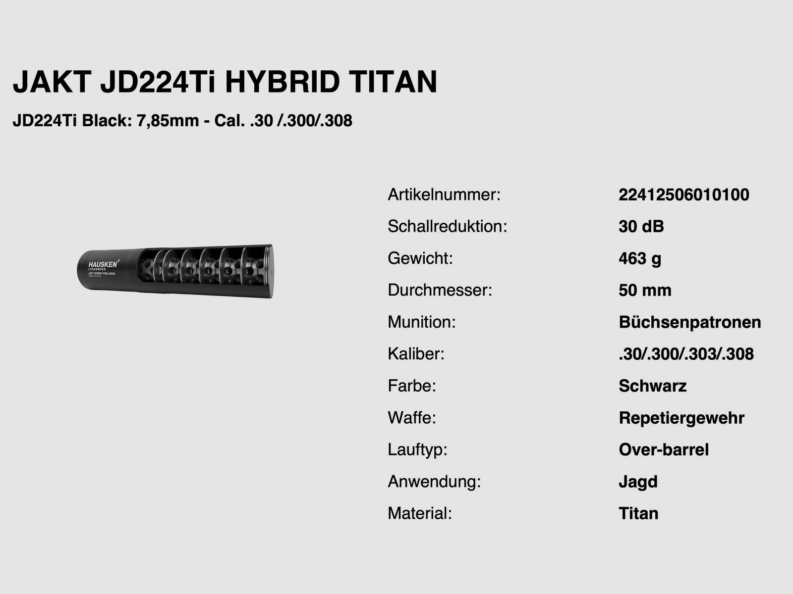 Aussteller Hausken 2429854 Schalldämpfer JAKT JD224TI HYBRID TITAN Kaliber .30/.308 -30 dB+H-Lock