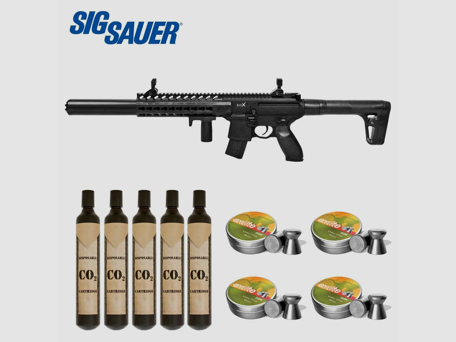 Komplettset SIG SAUER MCX Co2-Gewehr Schwarz 4,5 mm Diabolo (P18) + 5 x 88 g Co2-Kapseln + 2000 Diabolos