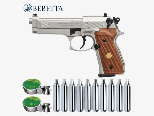 Luftpistolenset Beretta M 92 FS 4,5 mm Diabolo Nickel / Holzgriffschalen (P18) Co2-Pistole + 1000 Diabolos + 10 Co2-Kapseln Umarex