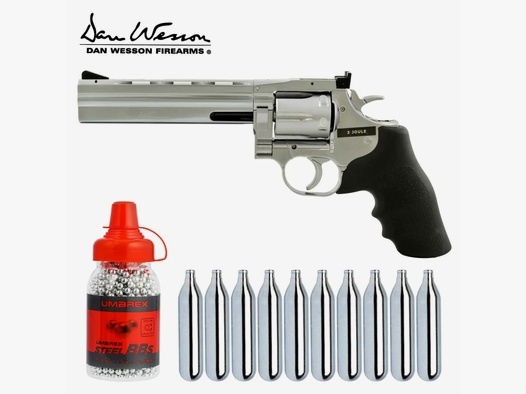 Komplettset Dan Wesson Co2-Revolver 715 Lauflänge 6" 4,5 mm Stahl BB Silber (P18) + 10 Co2-Kapseln Umarex + 1500 Stahl-BB's Umarex