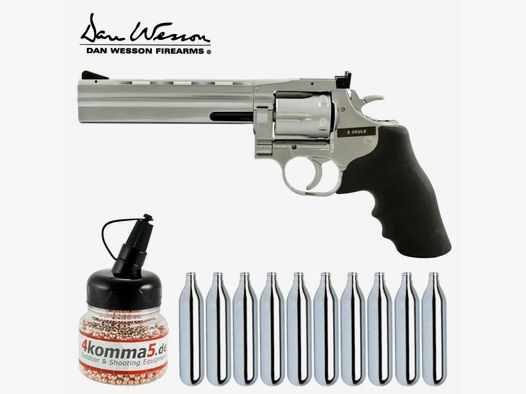Luftpistolenset Dan Wesson Co2-Revolver 715 Lauflänge 6" 4,5 mm Stahl BB Silber (P18) + 10 Co2-Kapseln + 1500 Stahl-BB's 4komma5