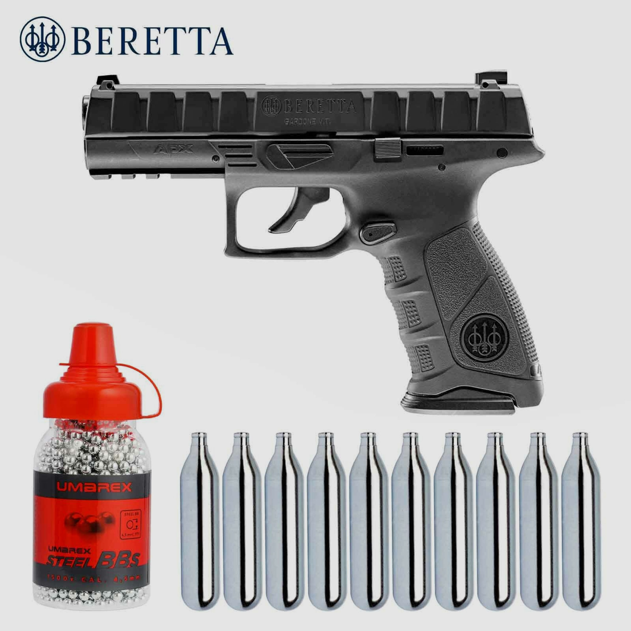 Komplettset Beretta APX Stahl BB Co2-Pistole 4,5 mm Blow Back (P18) + 10 Co2-Kapseln Umarex + 1500 Stahl-BB's Umarex