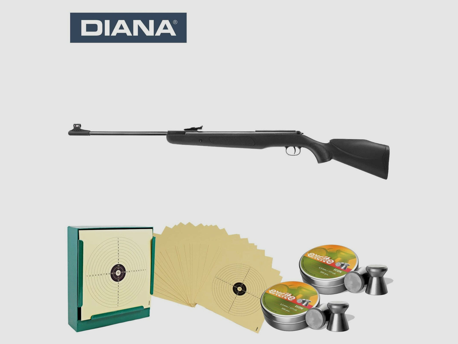 SET Diana Knicklauf Luftgewehr Panther 350 Magnum Kaliber 4,5 mm Diabolo (P18) + 1000 Diabolos + 100 Scheiben + Kugelfang