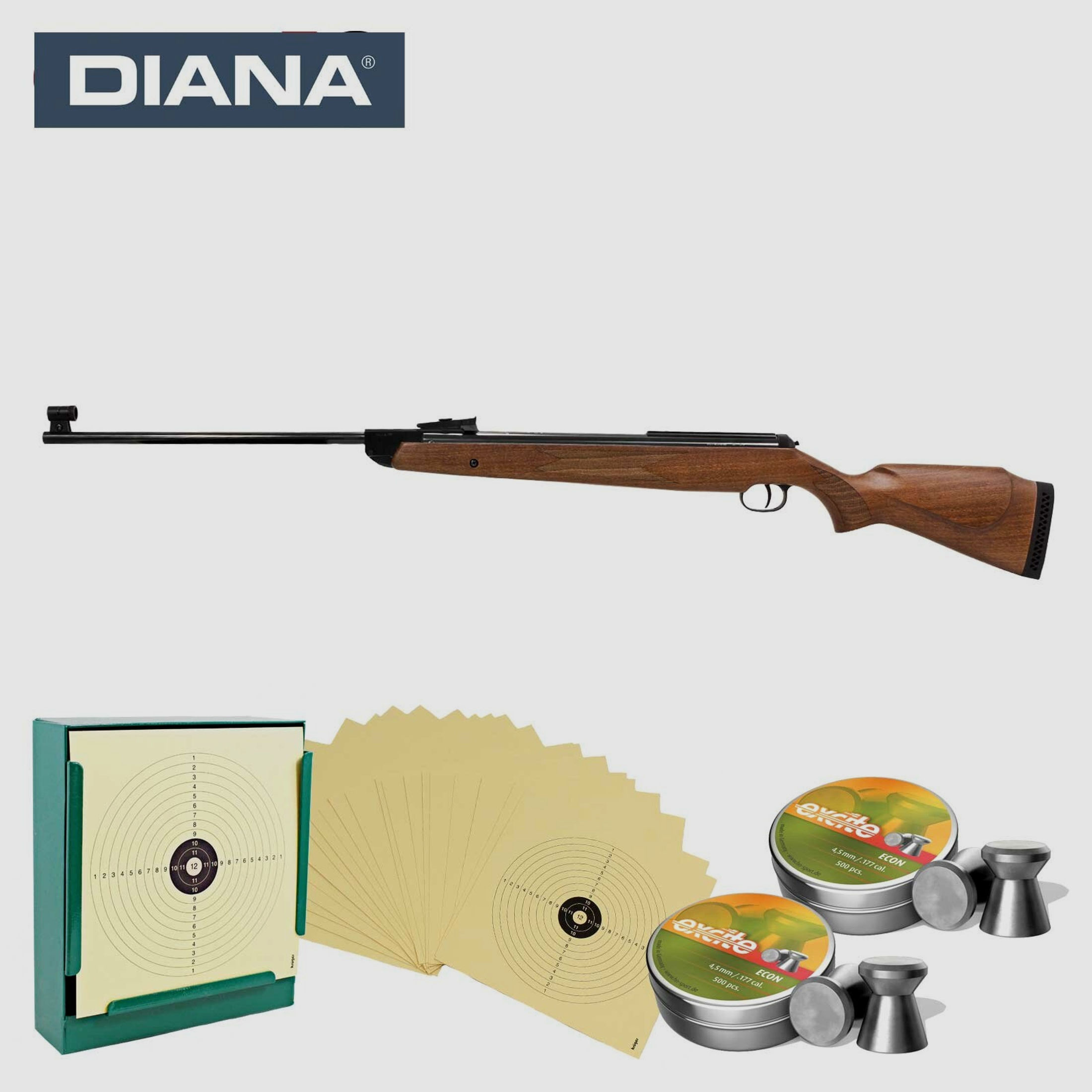 SET Diana Knicklauf Luftgewehr 350 Magnum Kaliber 4,5 mm Diabolo (P18) + 1000 Diabolos + 100 Scheiben + Kugelfang