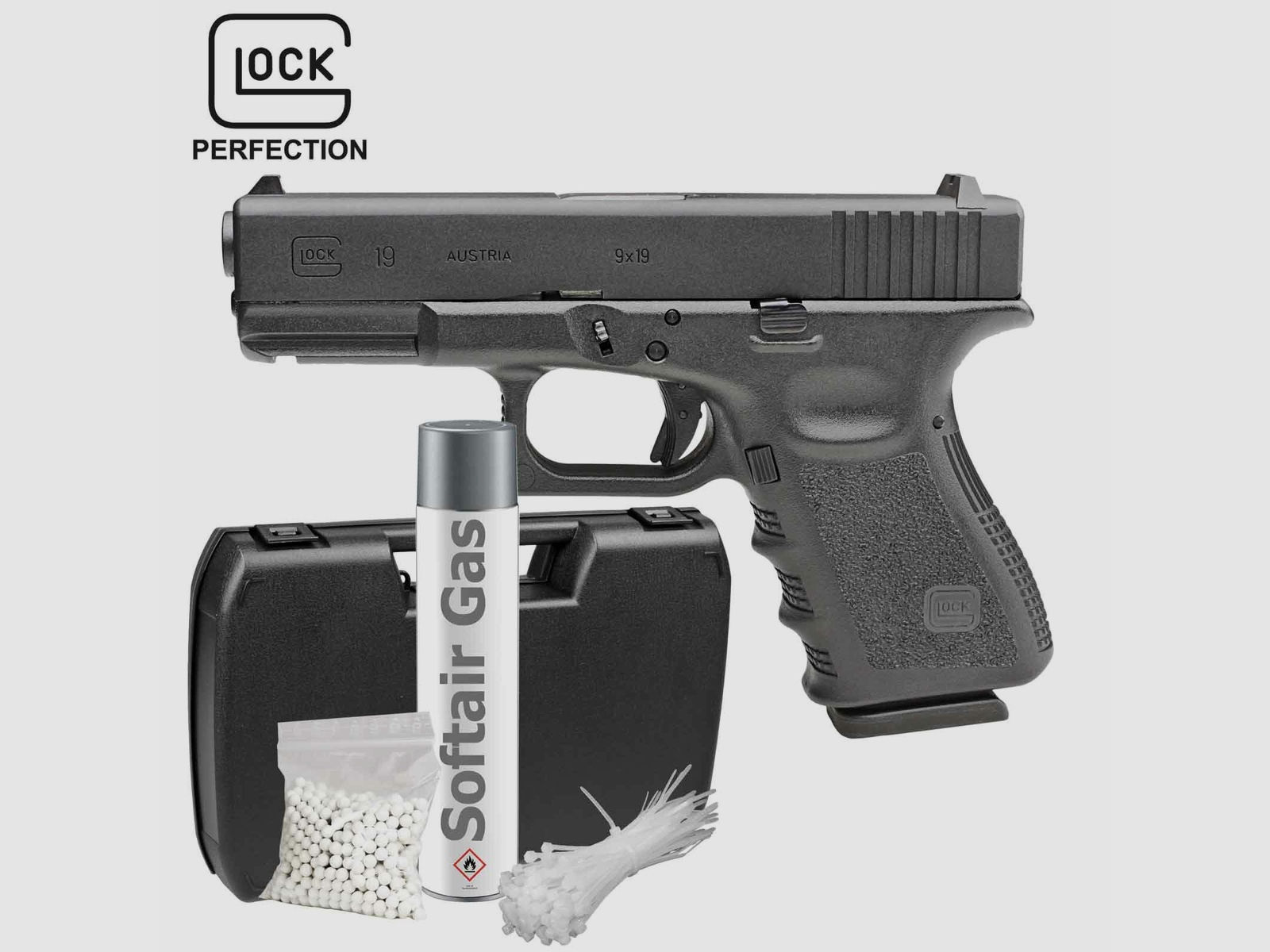 Komplettset Glock 19 Softair-Pistole Kaliber 6 mm BB Gas Blowback (P18)