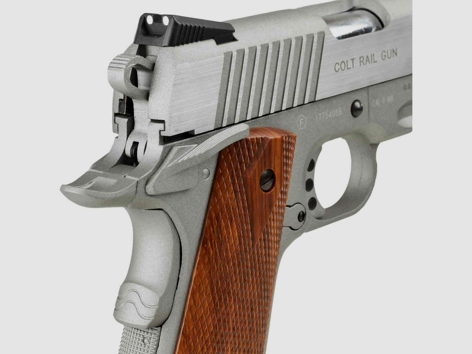 Komplettset Colt 1911 Railgun Stainless Vollmetall Softair-Co2-Pistole Kaliber 6 mm BB Blowback (P18)