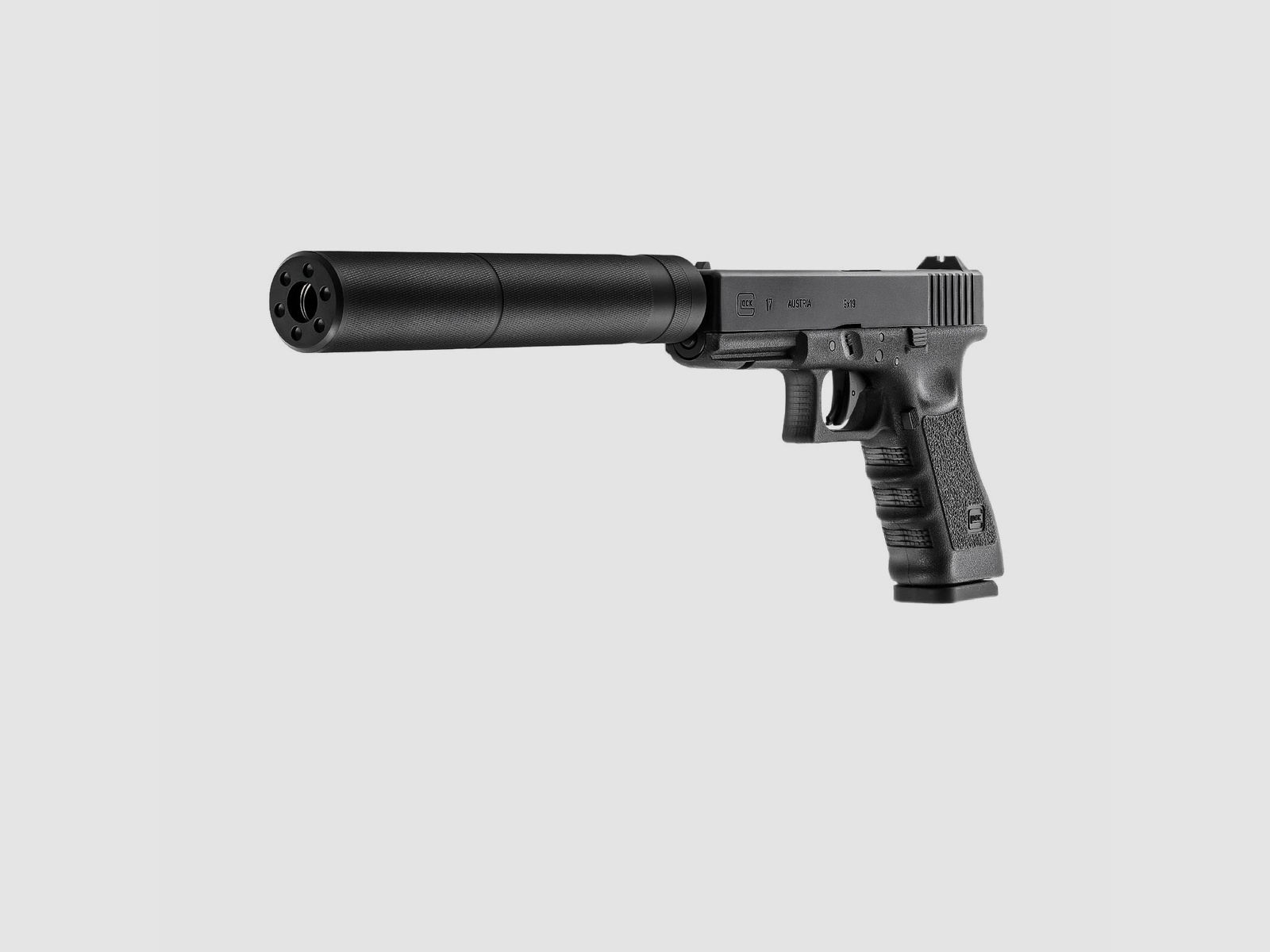Glock 17  mit Laufgewinde Co2-Pistole Kaliber 4,5 mm Stahl BB / Diabolo Blowback (P18) + Schalldämpfer