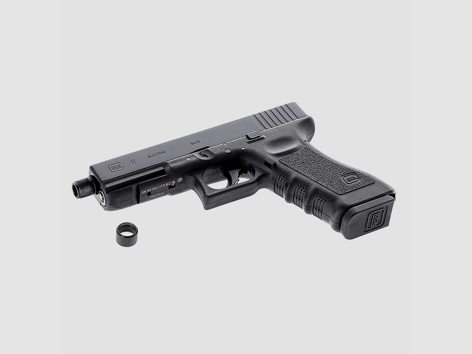 Glock 17  mit Laufgewinde Co2-Pistole Kaliber 4,5 mm Stahl BB / Diabolo Blowback (P18) + Schalldämpfer