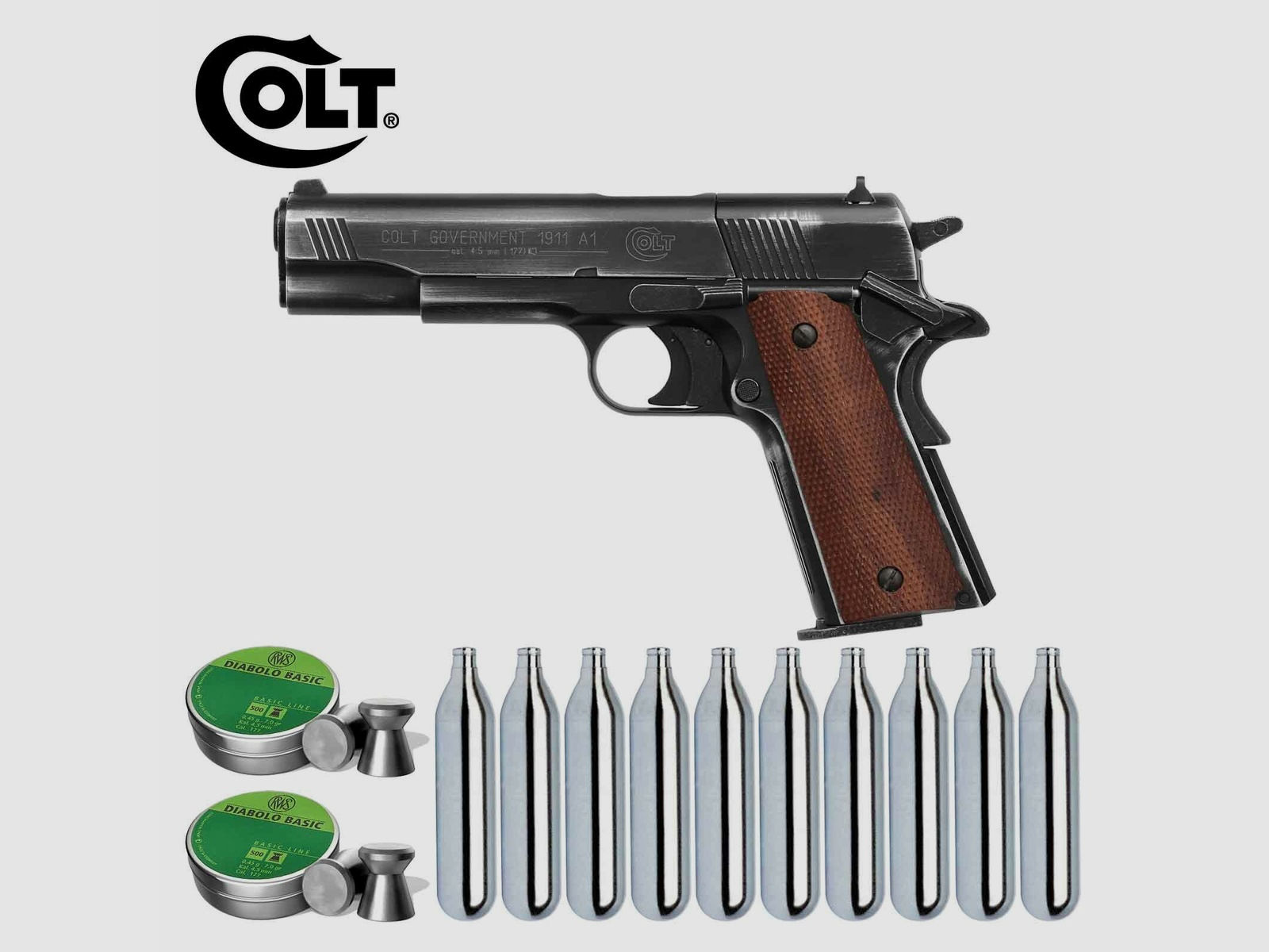 SET Colt Government 1911 A1 Antik-Finish 4,5 mm Diabolo (P18) Co2-Pistole -  Gunfinder