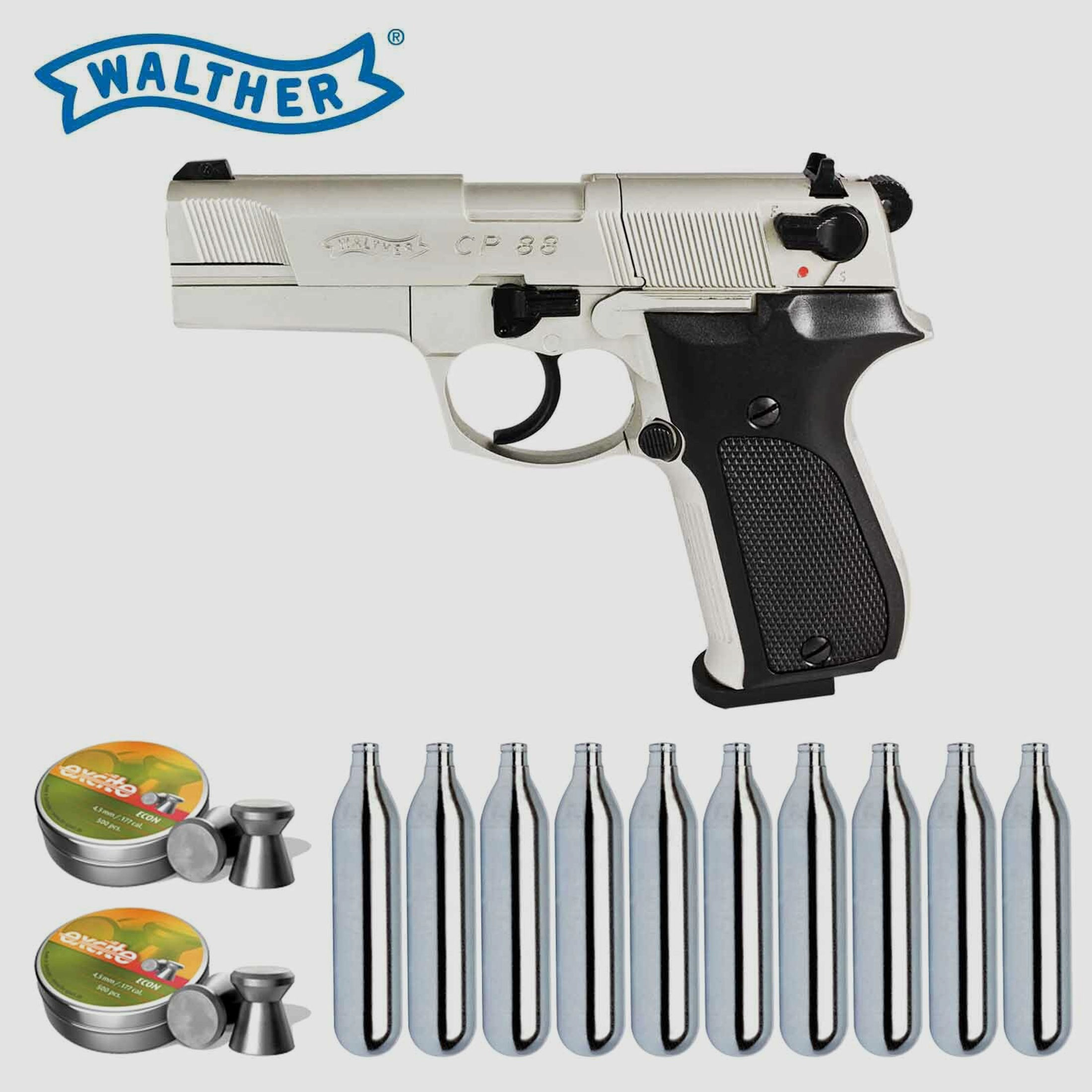 Luftpistolenset Walther CP88 4 Zoll 4,5 mm Diabolo Nickel (P18) Co2-Pistole
