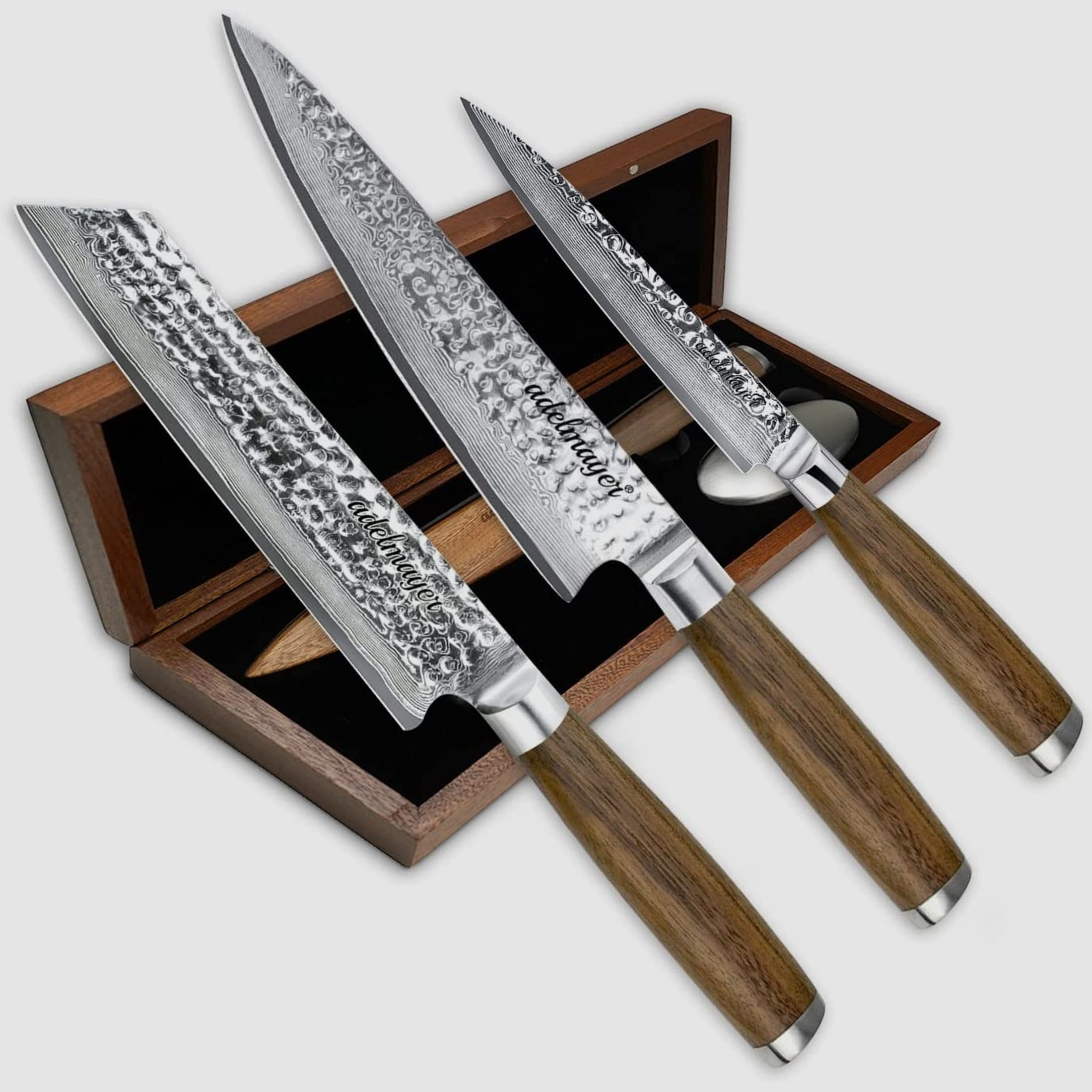 adelmayer® Damastmesser Set OSAKA - 3-teiliges Messerset aus japanischem Damast-Stahl: Kiritsuke Messer, Küchenmesser, Allzweckmesser