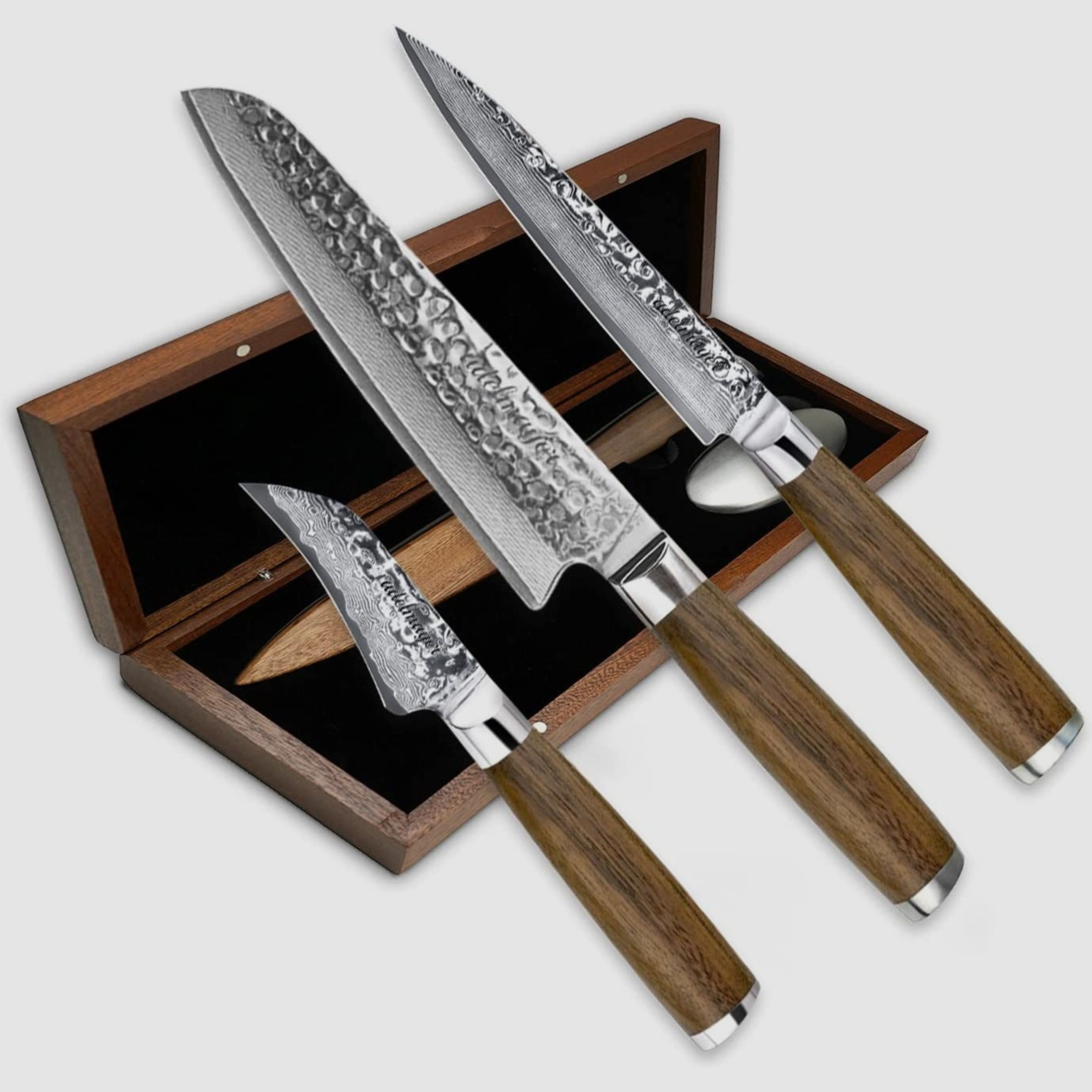 adelmayer® Damastmesser Set NAGANO - 3-teiliges Messerset aus japanischem Damast-Stahl: Santokumesser, Allzweckmesser & Vogelschnabel Schälmesser