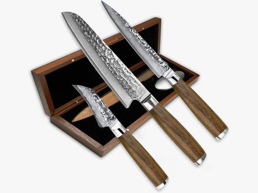 adelmayer® Damastmesser Set NAGANO - 3-teiliges Messerset aus japanischem Damast-Stahl: Santokumesser, Allzweckmesser & Vogelschnabel Schälmesser