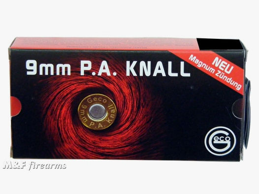 GECO Platzpatronen Kaliber 9 mm P.A.K. für Pistolen. 50 Schuss in Pappschachtel Boxerzündung
