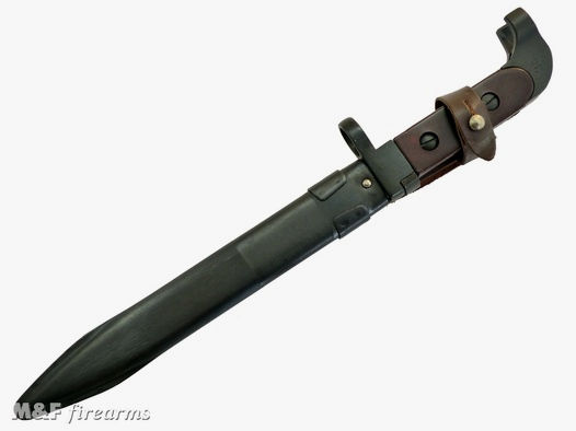 Bulgarisches Bajonett für AK 47 mit brauner Leder-Koppelschlaufe & -Sicherungsriemen, nicht passend für AKM, AK 74 und alle AK-Modelle mit Bajonetthaft