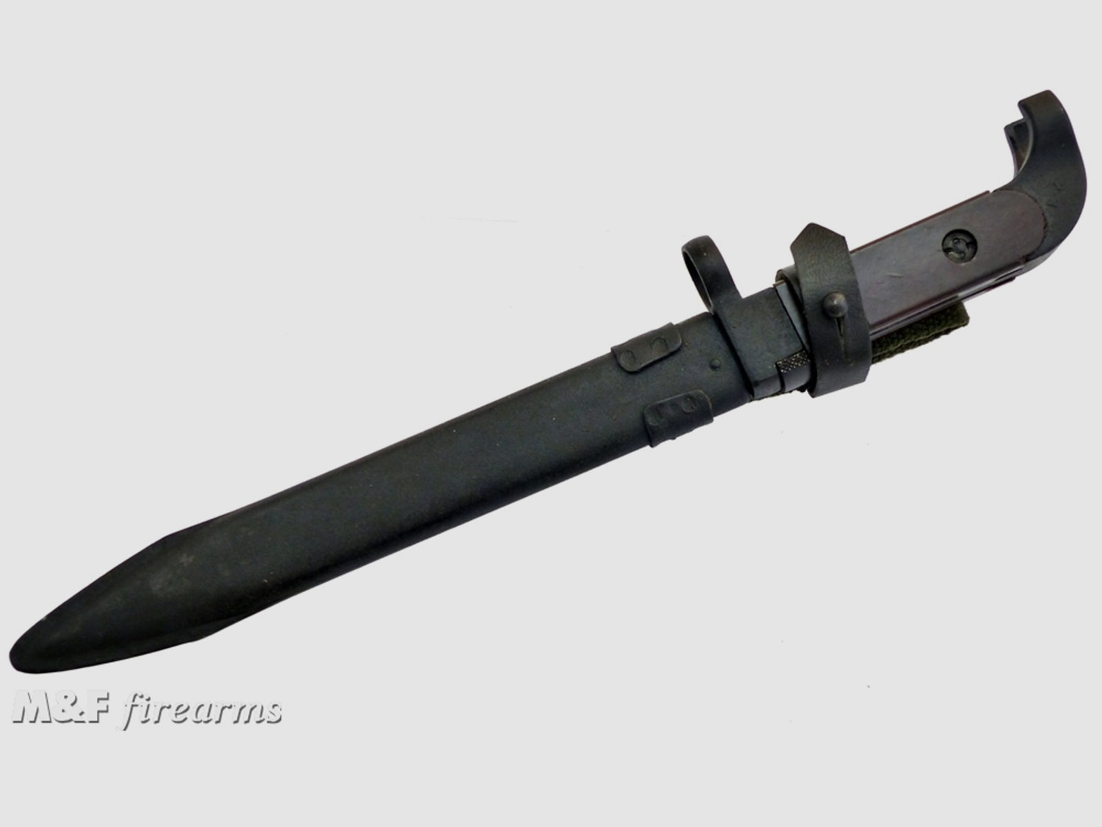 Bulgarisches Bajonett für AK 47 mit Webbing-Koppelschlaufe & Leder-Sicherungsriemen (beides OVP), nicht passend für AKM, AK 74 und alle AK-Modelle mit Bajonetthaft