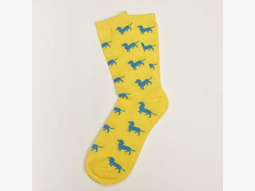 Krawattendackel Damen Socken gelb, Dackel blau, Größe 36-40