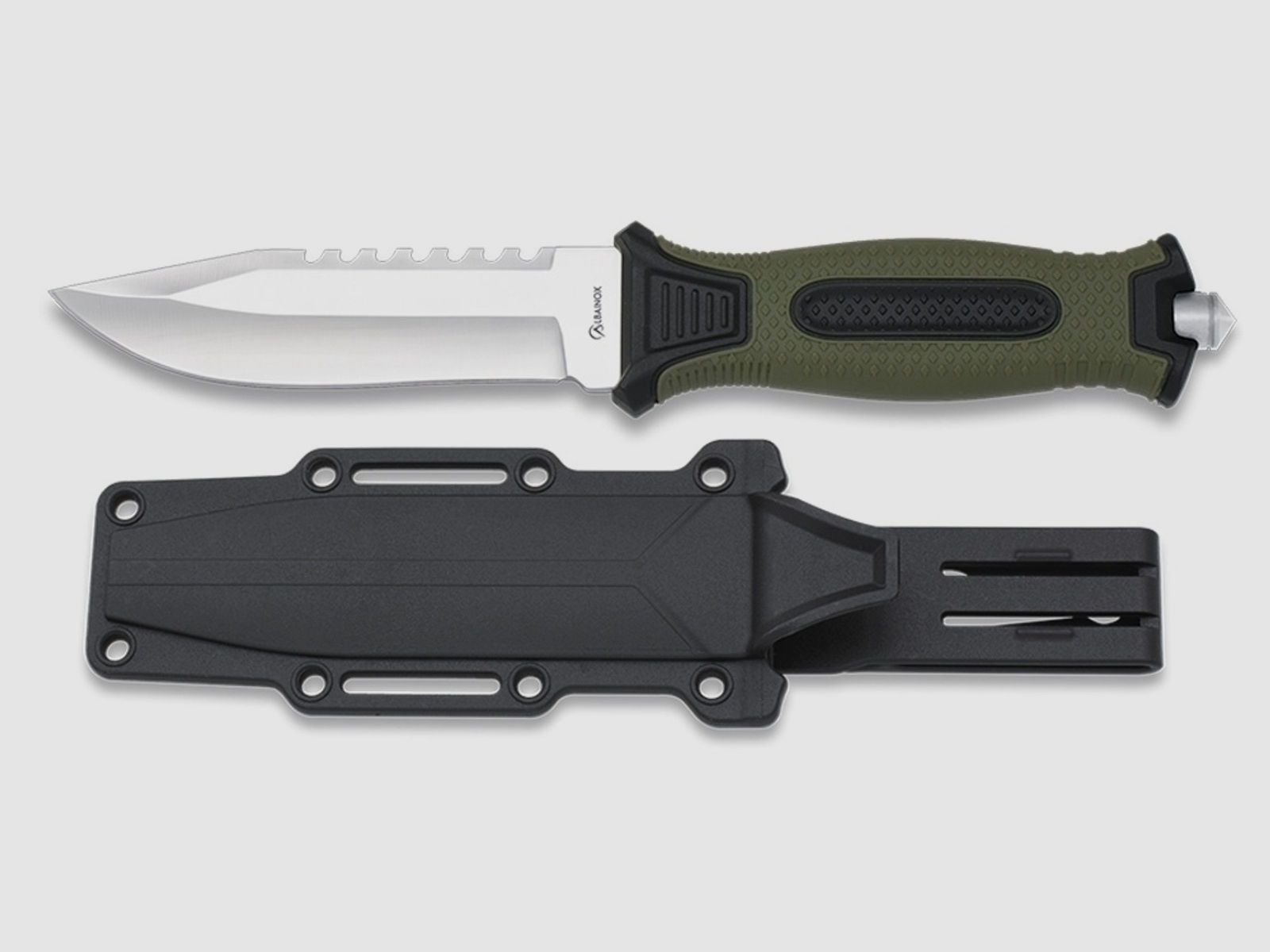 Leichtes Outdoor-Messer mit Glasbrecher und Kunststoffscheide grüner Griff