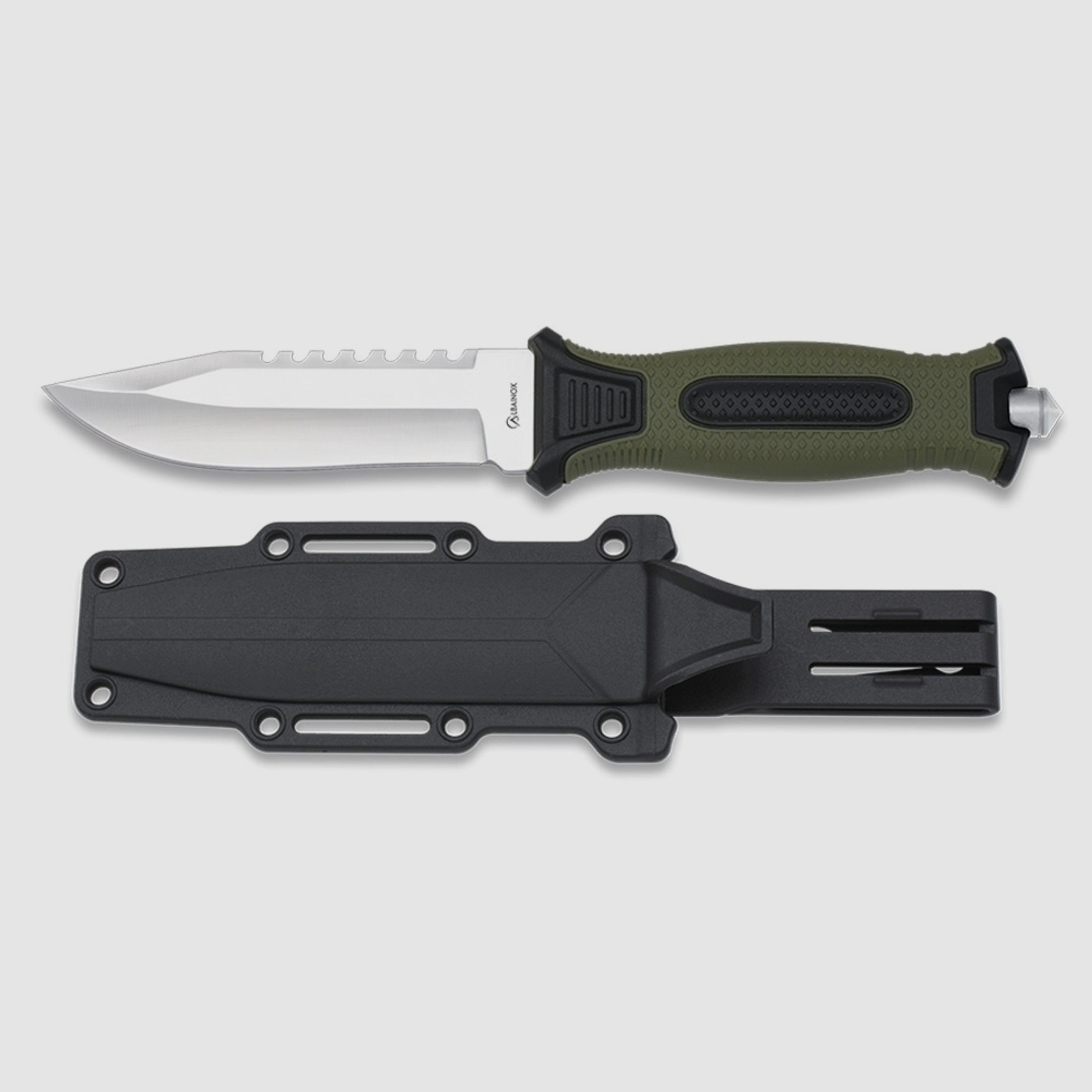 Leichtes Outdoor-Messer mit Glasbrecher und Kunststoffscheide grüner Griff
