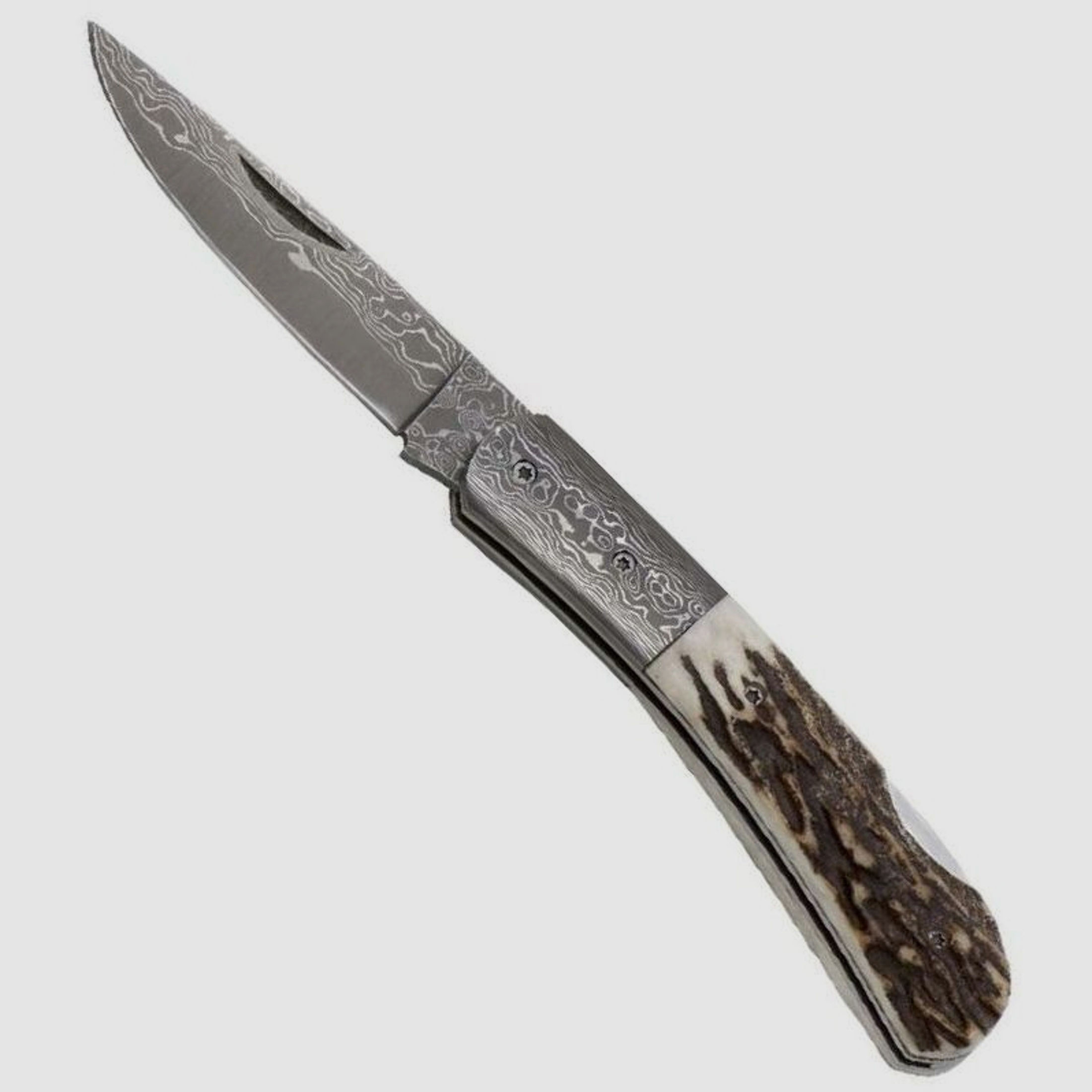 Damast-Taschenmesser mit Hirschhorngriff Zweihandmesser Holzbox