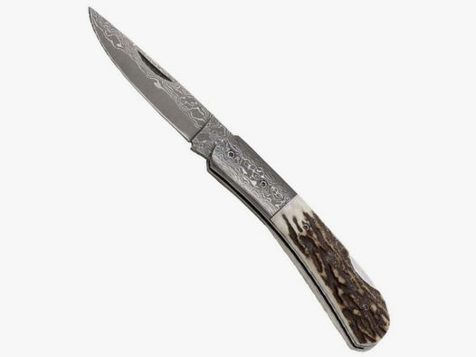 Damast-Taschenmesser mit Hirschhorngriff Zweihandmesser Holzbox