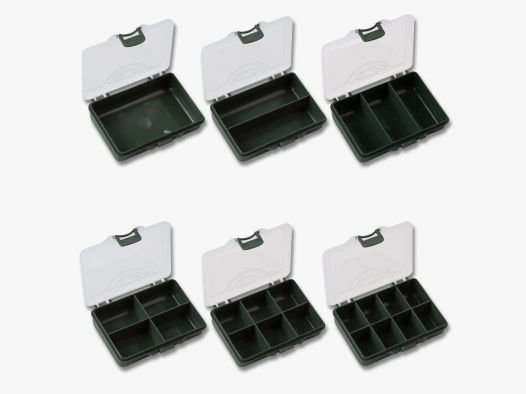 Red Carp® Kleinteilebox / Patronenbox - 10,5 x 7 x 2,5cm - 6 Fächer - Oliv / Transparent