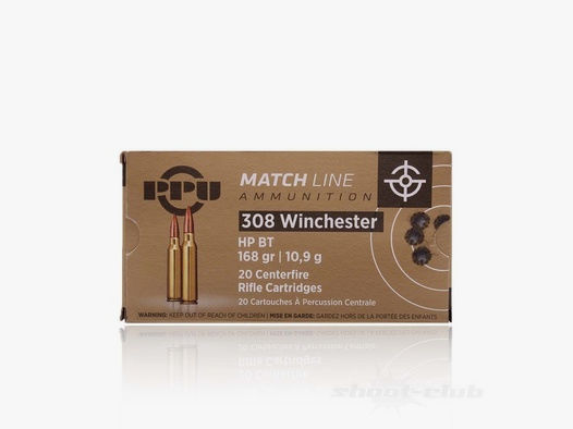 PPU Match Line HP BT Büchsenpatronen 10,9g / 168 grs Kaliber .308Win