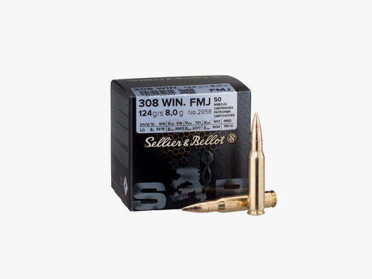 Patronen .308 Winchester, Vollmantel 124grs (8gr) 50 Stück - Sellier & Bellot