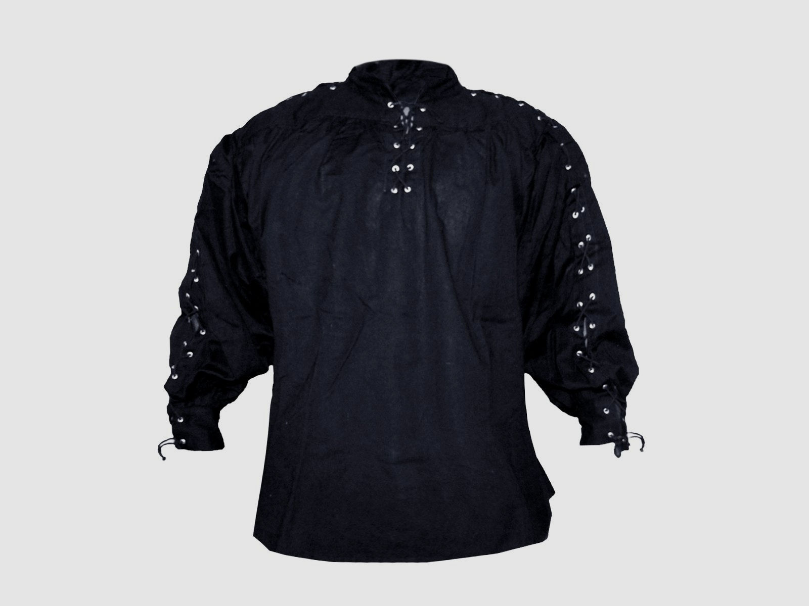Kragenloses Baumwollhemd (geschnürter Hals & Ärmel) – schwarz, Größe S | 71614