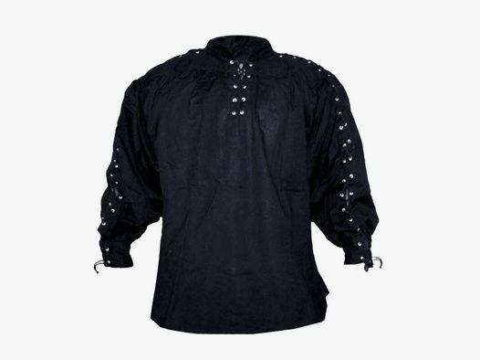 Kragenloses Baumwollhemd (geschnürter Hals & Ärmel) – schwarz, Größe XL | 71614XL