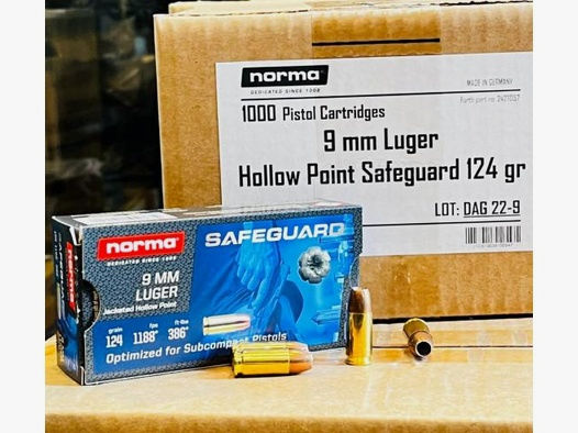 Norma 9mm Luger JHP Safeguard 124grs - Munition Made in Germany!