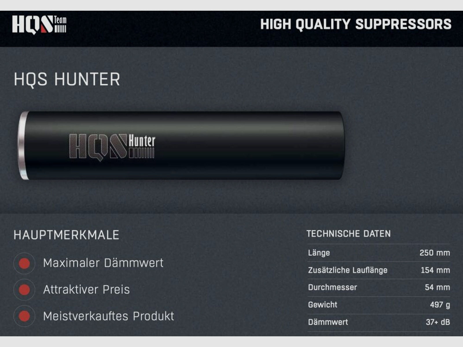 HQS Schalldämpfer HUNTER Kaliber max. 7,62mm/.30 inklusive Adapter	 Ohne