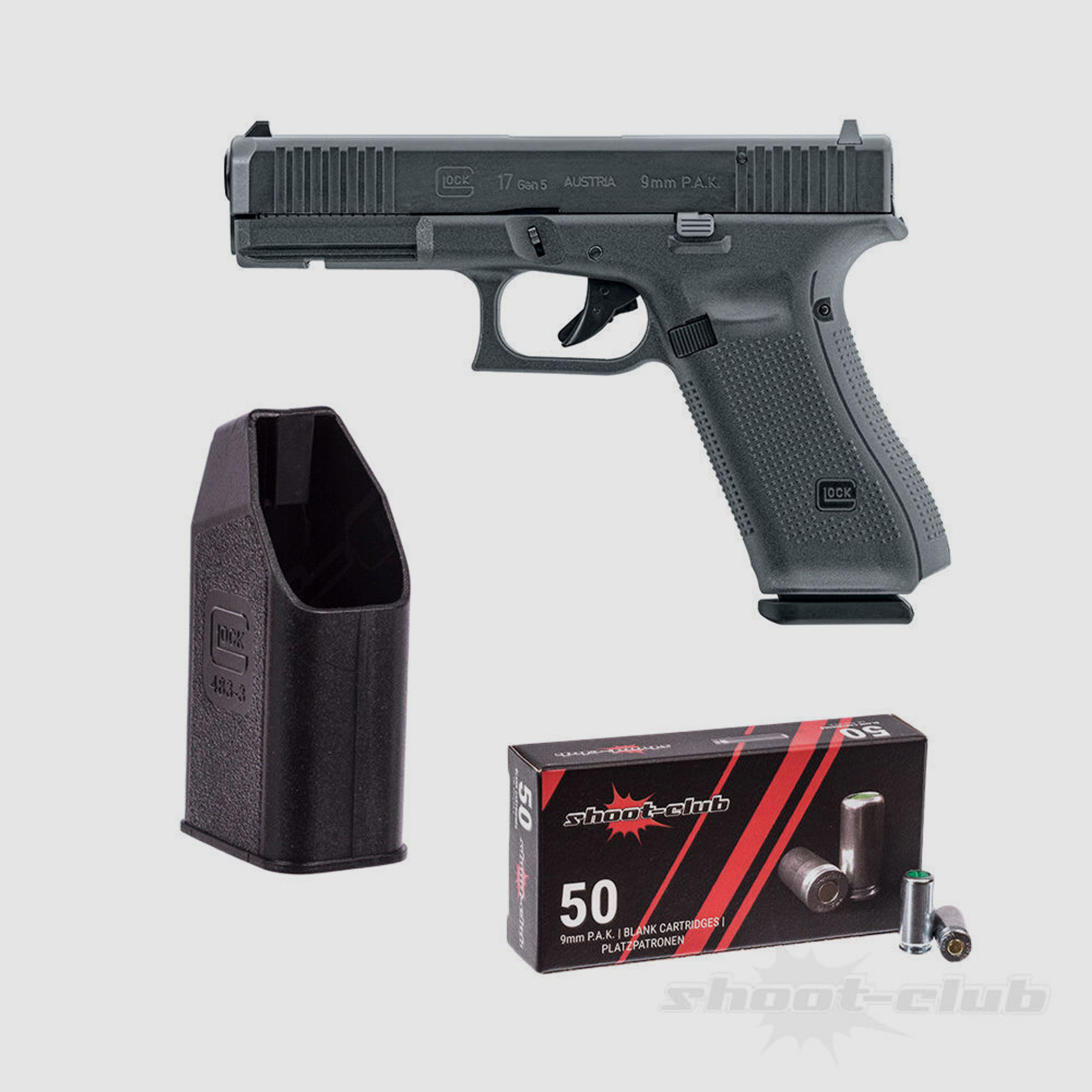 GLOCK	 Glock 17 Gen5 9mmPAK + Umarex Ladehilfe +50 SC Platzpatronen