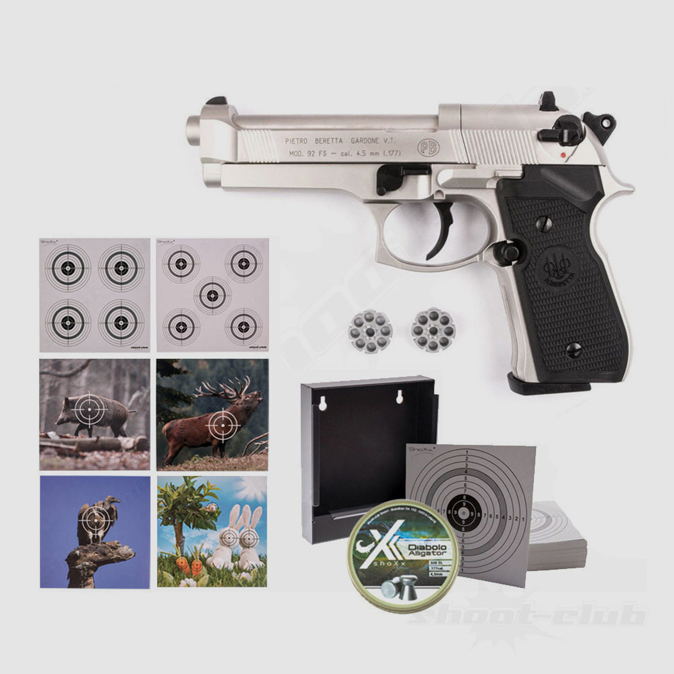 Beretta	 M 92 FS CO2 Pistole nickel 4,5 mm Zielscheiben Set