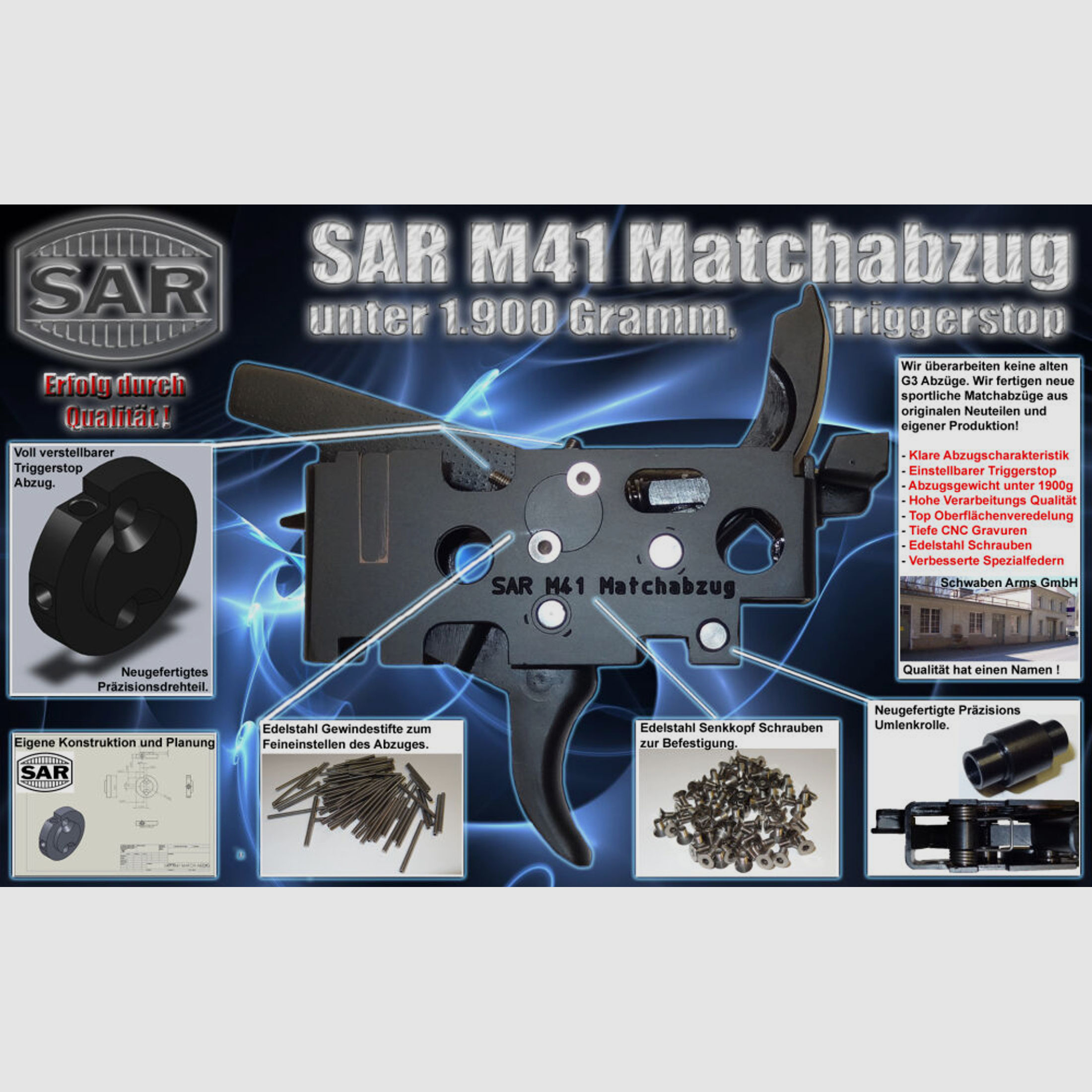 Schwaben Arms GmbH	 SAR M41 Matchabzug unter 1900 Gramm Triggerstop für G3 ähnlich Waffen Heckler&Koch HK41,XR41,MKE T41