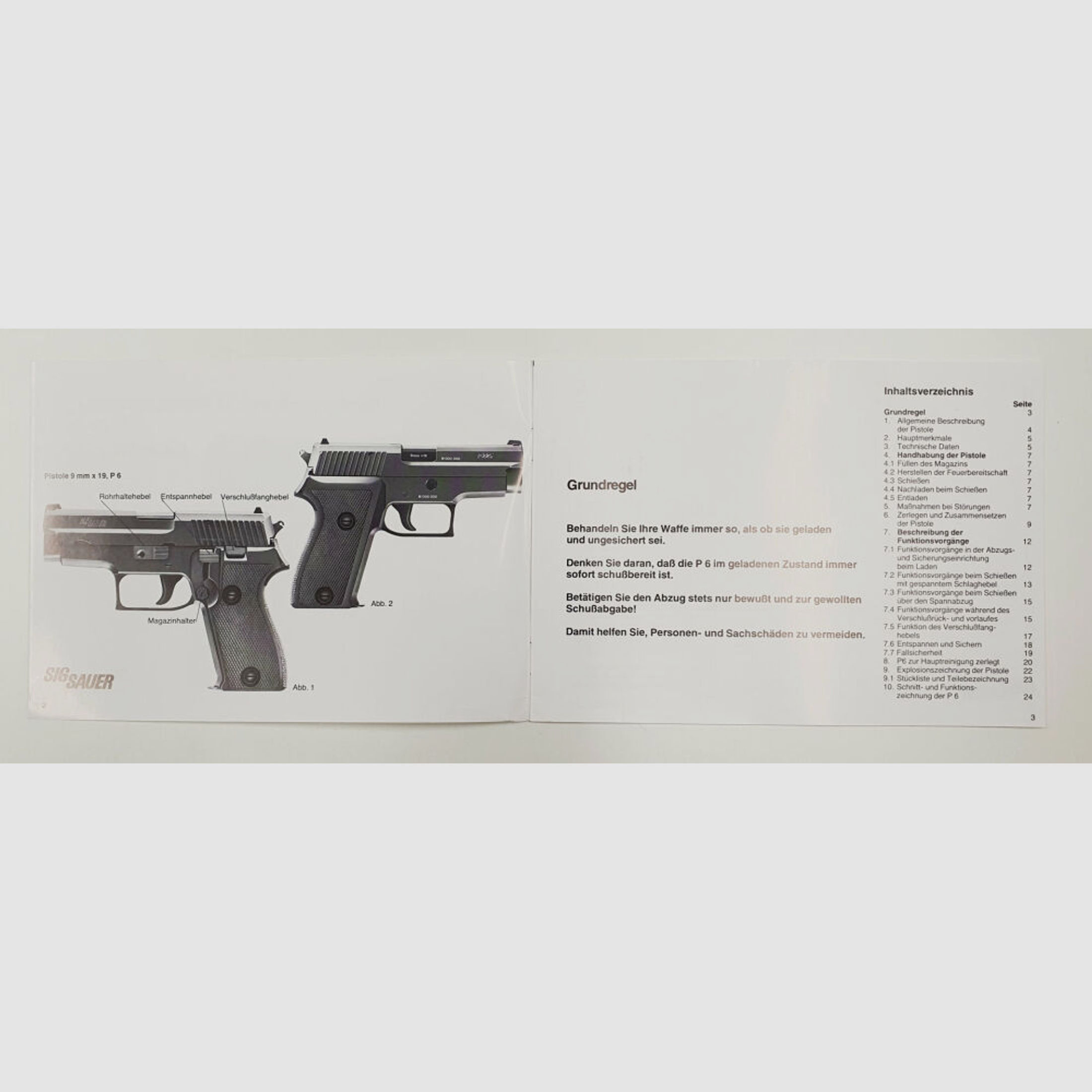 SIG Sauer	 Kurzbeschreibung und Bedienungsanleitung für die Pistole P6 / P225 9mm x 19 Zustand leicht gebraucht