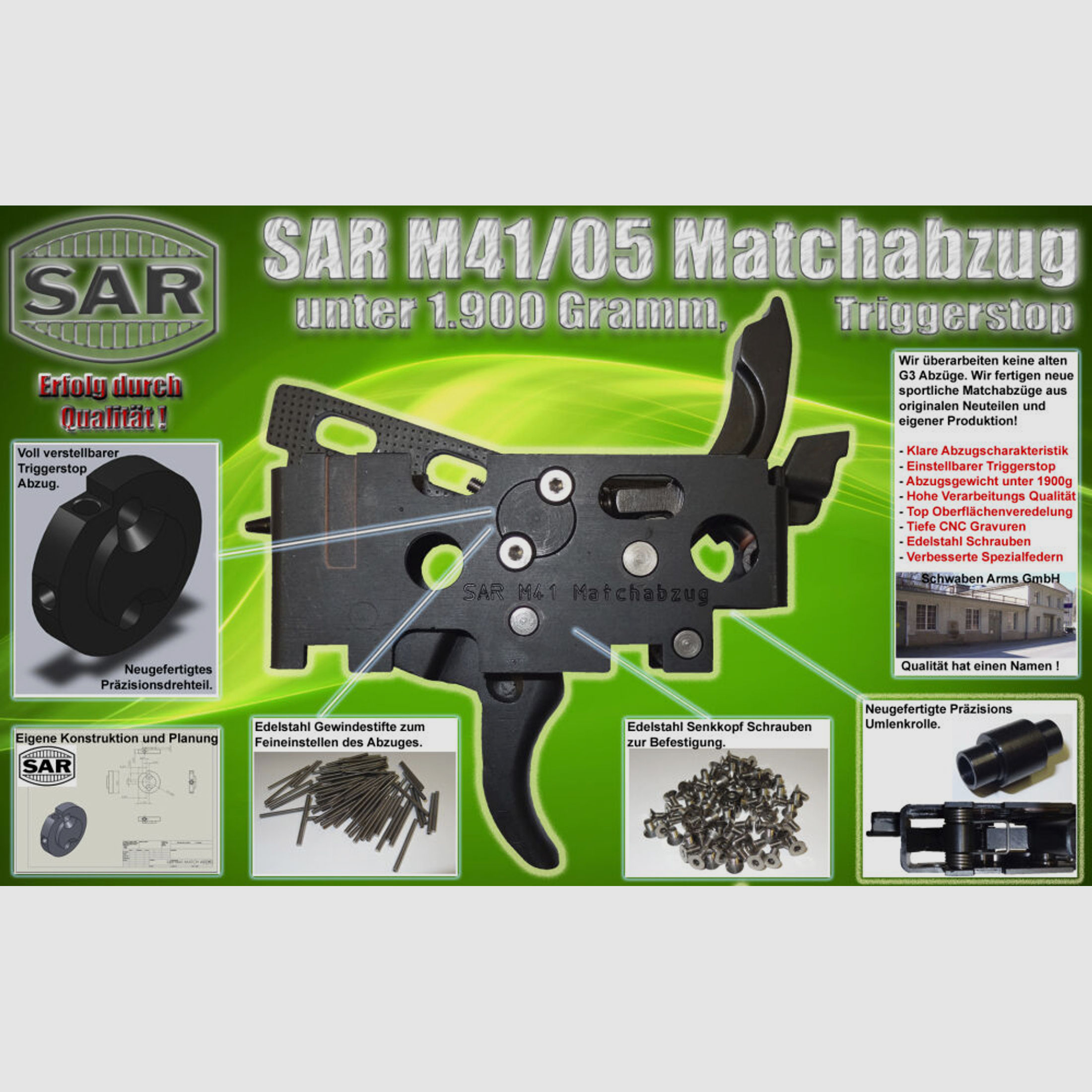 Schwaben Arms GmbH	 SAR M41/43 Matchabzug unter 1900 Gramm Triggerstop für HK33 ähnlich Waffen Heckler&Koch HK43,MKE T43
