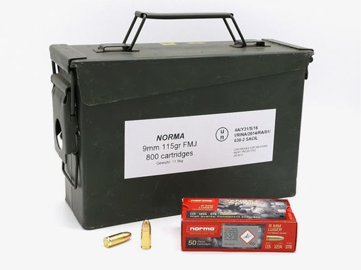Norma	 9mm Luger Norma 7,5g / 115grs FMJ in der Natokiste 800 Stück