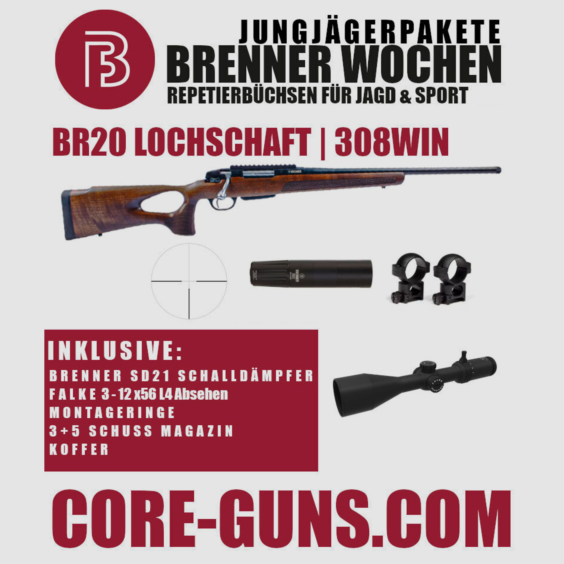 Brenner BR20 Lochschaft + Brenner Schalldämpfer SD21 + Falke 3-12x56	 + Montageringe - Jungjägerspecial